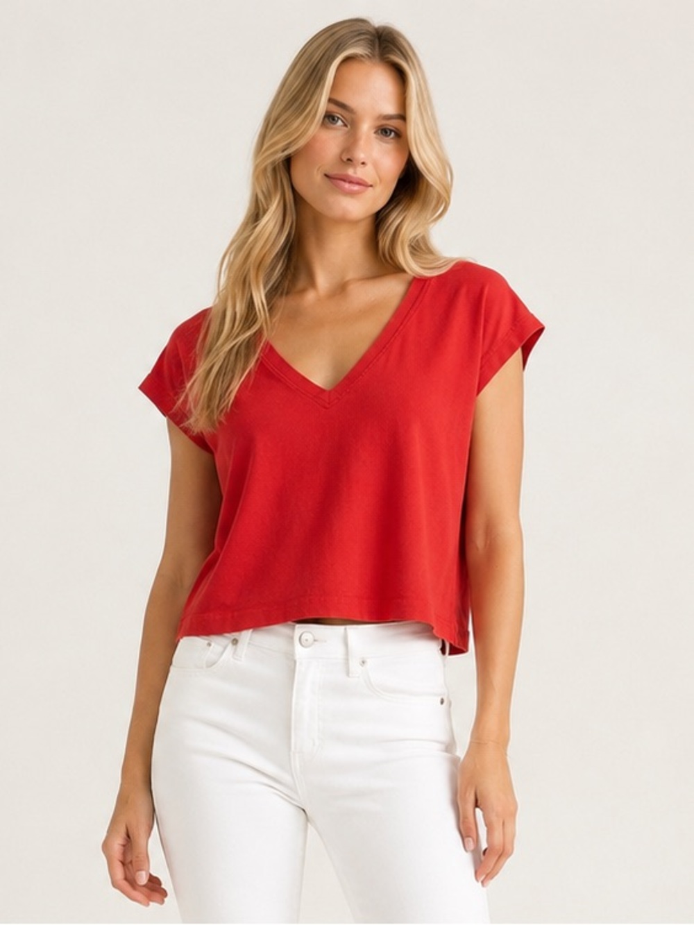 Zara Red Faded Wash V-Neck Cropped Boxy T-Shirt Size Small